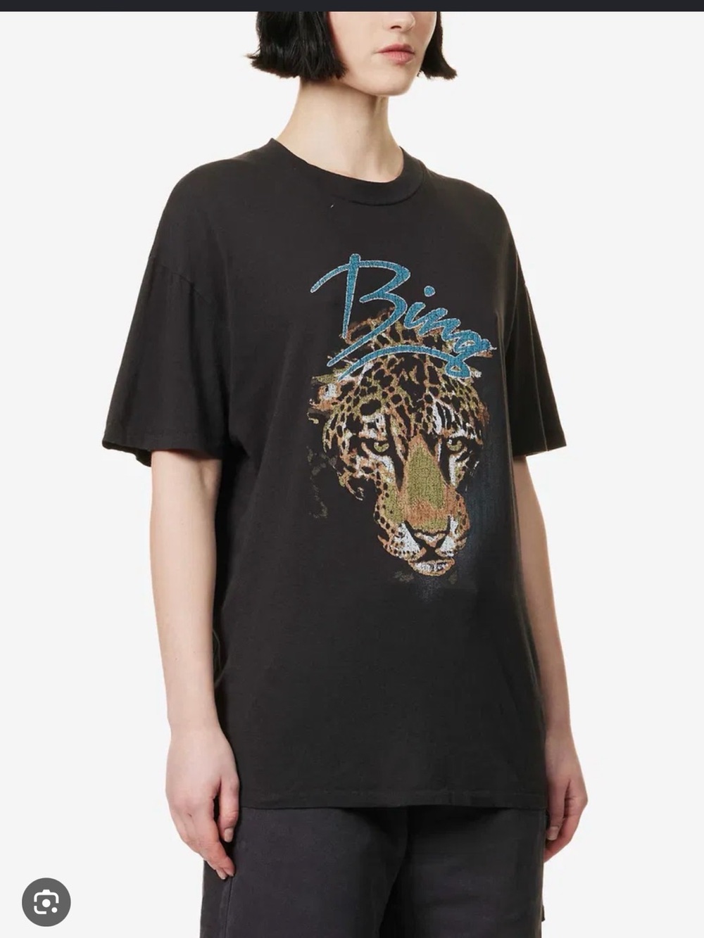 Anine Bing Black Tee with Turquoise Script and Leopard Graphic